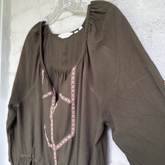 Anthropologie Edme and Esyllte Olive Peasant Boho Dress W Ribbon Trim Medium - Picture 5 of 12
